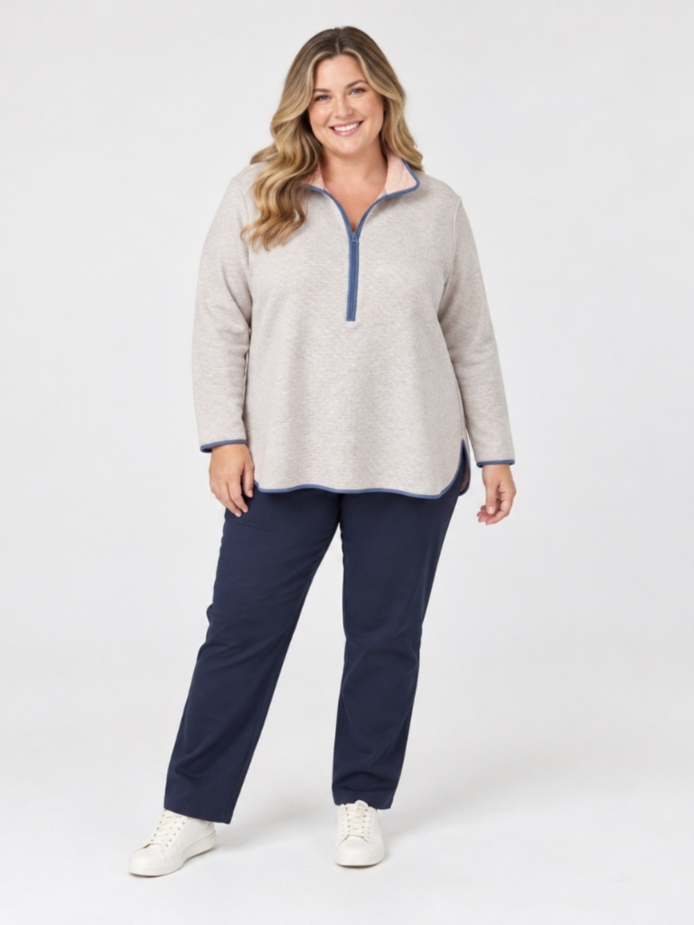 J.Jill Fit 2X Oatmeal Quarter Zip Hooded Pullover Blue Trim Athleisure